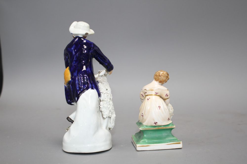 Two Staffordshire groups of a girl and a sheep and a shepherd with a ram, c.1840-50, H. 10 - 16.2cm